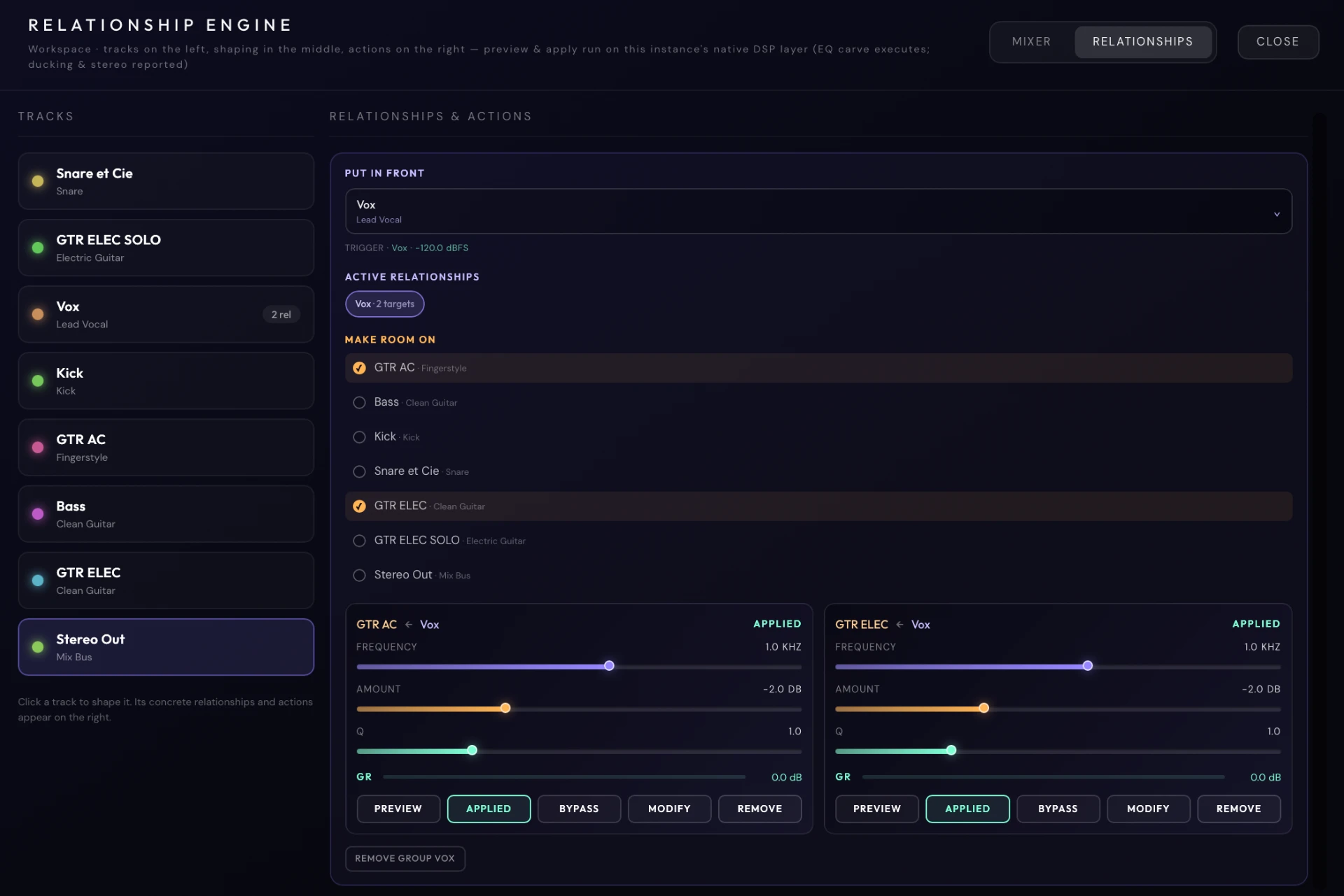 FEEL's Relationship Engine, showing the lead vocal making room on the acoustic and electric guitars