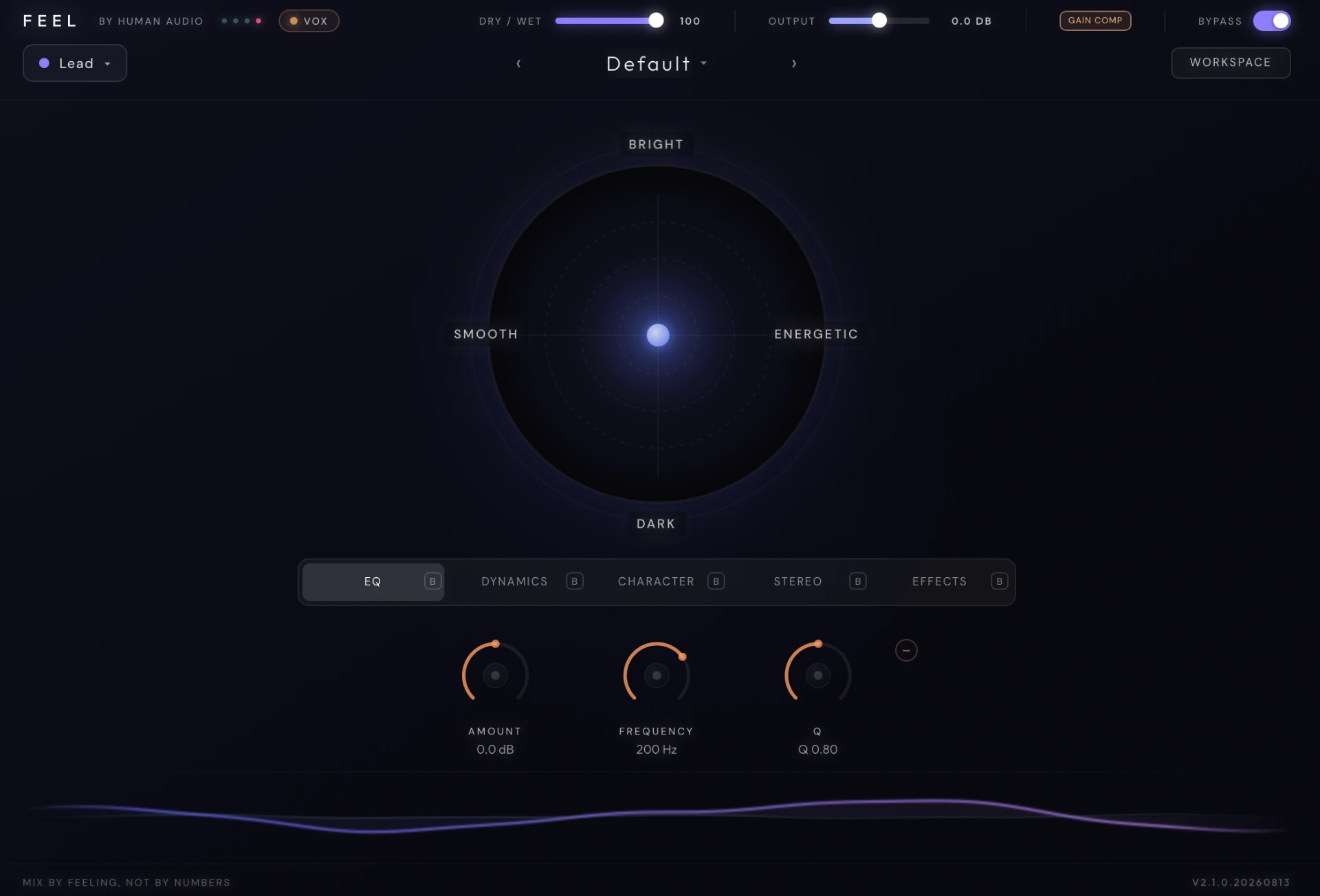 FEEL's refinement panel exposing Amount, Frequency and Q beneath a musical control