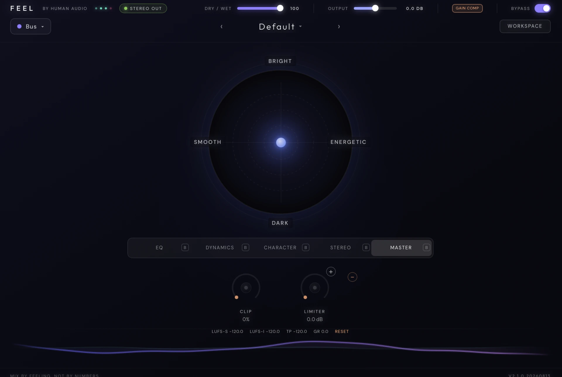 FEEL in Master mode with Clip, Limiter and live LUFS, true peak and gain reduction metering