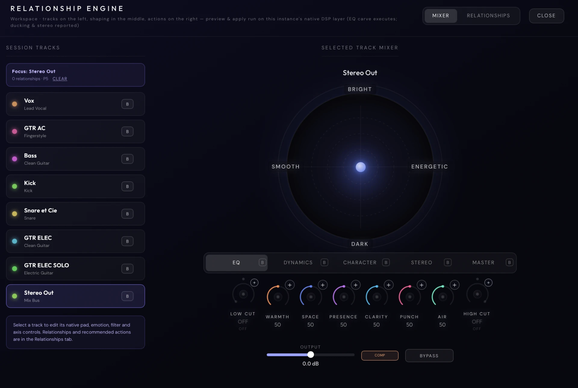 FEEL Workspace showing every session track — vocals, guitars, bass, drums and the mix bus — inside one environment